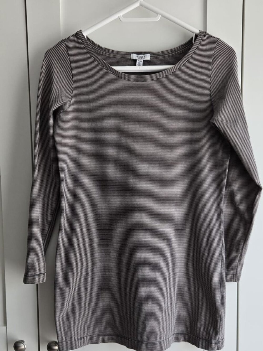 Jersey by Jacob Striped Long Sleeve Cotton Top XS Taupe Ivory Breton Stretch Tee - Picture 3 of 7
